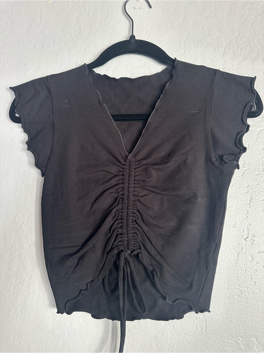 Black Ruched Tie-Front V-Neck Women's Top